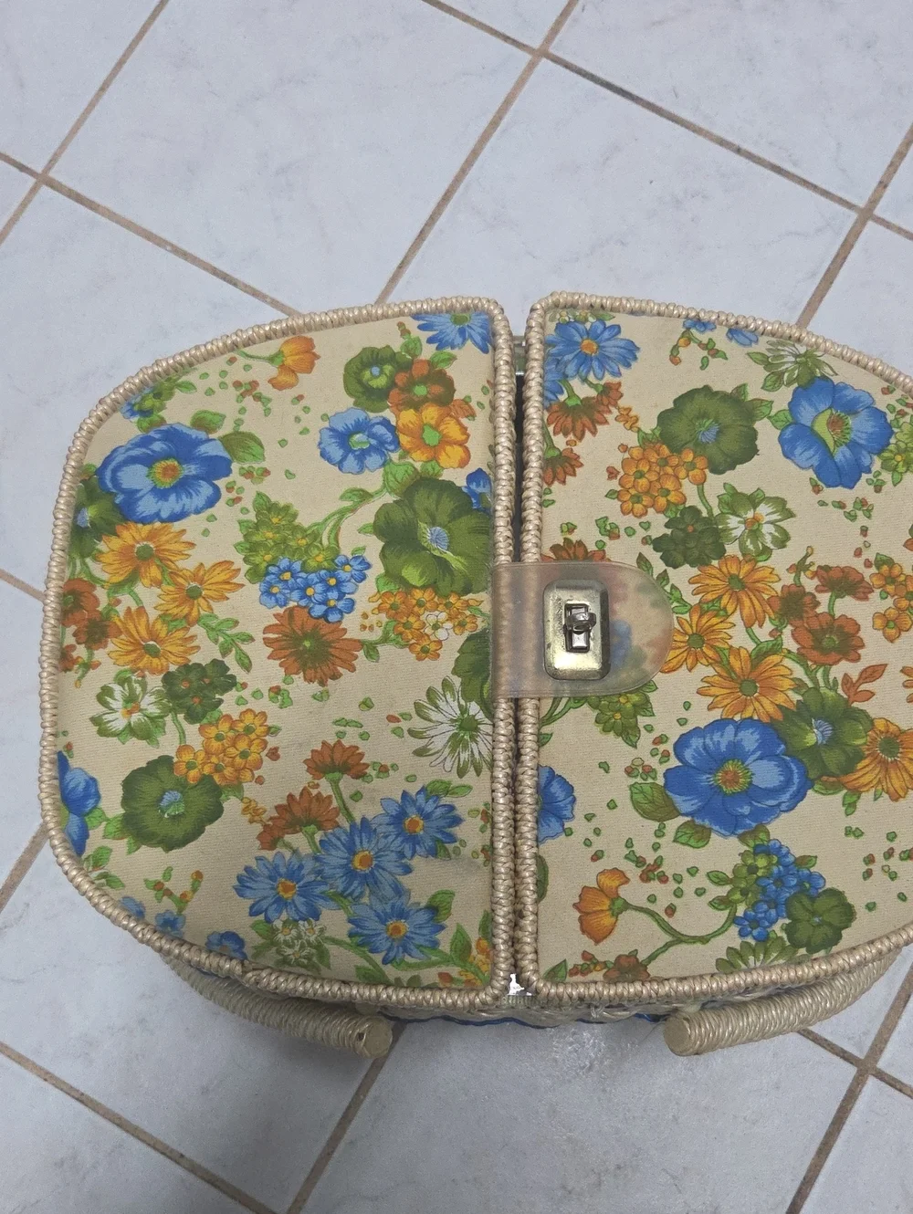 Vintage 1970s Floral Wicker Sewing Basket Double Handle Double Lid Mid Century